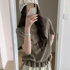 批发大码女装<b class='q'>胖</b>mm<b class='q'>条纹</b>圆领短袖衫女夏新款设计感复古抽绳荷叶短上衣