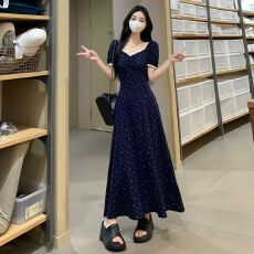 批发法式蕾丝方领藏蓝色碎花长裙女夏季<b class='q'>胖</b>mm<b class='q'>气质</b>复古甜美显瘦长裙