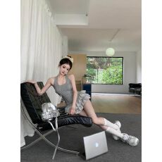 批发韩女灰色<b class='q'>拼接</b>挂脖蛋糕裙夏季新款辣妹收腰修身无袖短款<b class='q'>连衣裙</b>