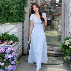 批发拼接蕾丝连衣裙女<b class='q'>春</b>短袖V领收腰a字修身法式系带短裙