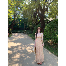 批发纯欲风甜美长裙<b class='q'>春</b>夏收腰显瘦小众设计感蕾丝拼接碎花吊带连衣裙女