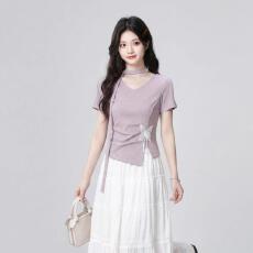 批发微<b class='q'>胖</b>大码女装<b class='q'>胖</b>mm<b class='q'>紫色</b>v领正肩短袖T恤女2026夏季显瘦设计感上衣