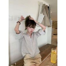 批发韩系设计感拉链条纹<b class='q'>衬衫</b>气质慵懒风<b class='q'>长袖</b>上衣
