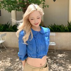 木耳边娃娃领中袖衬衫女夏季修身衬衣气质短款露脐上衣