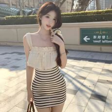 批发夏季新款甜美少女软妹风氛围感条纹<b class='q'>假两件</b>韩系穿搭修身<b class='q'>连衣裙</b>女