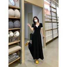 批发法式气质<b class='q'>假两件</b>v领短袖<b class='q'>连衣裙</b>女夏季新款收腰撞色a字长裙