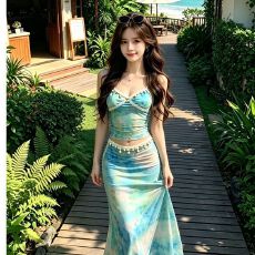 批发海边度假风梦幻晕染蕾丝拼接吊带网纱长裙套装<b class='q'>泰国</b>海边