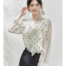 批发荷叶边波点衬衫女2026春秋夏季T恤女秋夏季韩系蝴蝶结高级感上衣