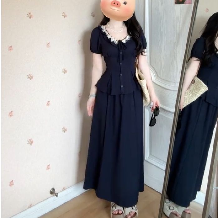 RY7867# 气质一整套ootd穿搭套装掐腰短袖上衣半身裙子法式高级感两件套女