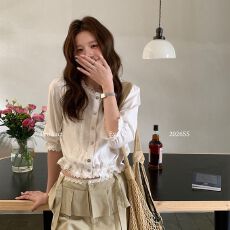 批发韩系<b class='q'>七分袖</b>蕾丝花边圆领衬衫女夏季修身显瘦短款上衣女