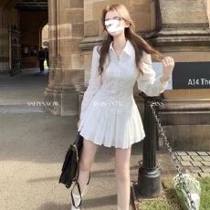 批发学院风白色长袖衬衫<b class='q'>连衣裙</b>女收腰气质设计感领百褶短裙子秋季