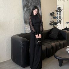 批发春夏季新款法式网纱拼接灯笼袖<b class='q'>连衣裙</b>女仙气飘飘高个子长裙