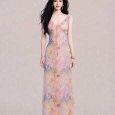 批发2026巨好看水墨画碎花吊带连衣裙夏日绝美仙女海边度假沙滩<b class='q'>长裙</b>子