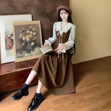 批发早秋新款大码法式假两件娃娃领连衣裙女<b class='q'>胖</b>mm<b class='q'>收腰</b>显瘦复古气质长裙