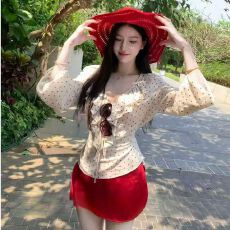 批发法式甜美风荷叶边V领波点<b class='q'>衬衫</b>女夏季小众设计感绑带收腰<b class='q'>显瘦</b>上衣