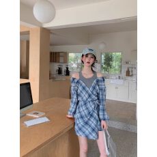 批发蓝色假两件套装衬衫<b class='q'>连衣裙</b>子早初秋季韩系小个子穿搭2026年新款女