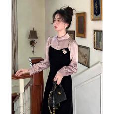 批发新款法式假两件连衣裙女秋冬千金礼服裙子