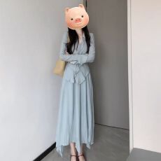 批发早秋装法式温柔风长袖连衣裙女夏季高级感长裙两件套装