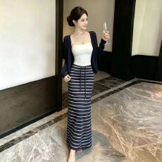 批发长袖<b class='q'>开衫</b>内搭吊带<b class='q'>女</b>夏季休闲套装高腰条纹长裙<b class='q'>三件</b>套