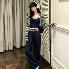 批发爆款简约早秋新款条纹套装时尚<b class='q'>开衫</b>辣妹休闲百搭吊带