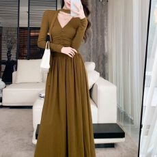 批发原版做法轻熟风早秋御姐穿搭性感v领飘带针织<b class='q'>连衣</b>裙长袖收腰<b class='q'>长裙</b>