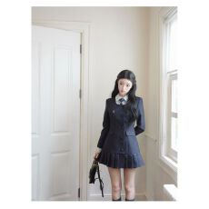 批发两只水仙 漫高艺术生 韩式假两件翻领收腰西装高腰<b class='q'>百褶</b><b class='q'>连衣裙</b>女