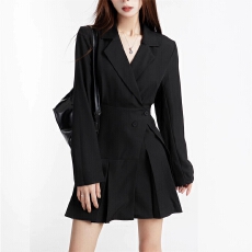 批发2026春新款设计感黑色西装连衣裙女韩版收腰百褶裙A字短裙西装裙