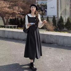 批发法式复古假两件连衣裙女高级感长裙子2024春秋新款高腰显瘦桔梗裙