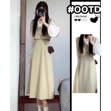 批发早春新款大码女装长袖连衣裙女装假两件温柔显瘦遮肉穿搭裙