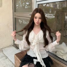 批发2026波点<b class='q'>长袖</b><b class='q'>雪纺衫女</b>秋季穿搭飘带v领t恤收腰显瘦纯欲风辣妹上衣