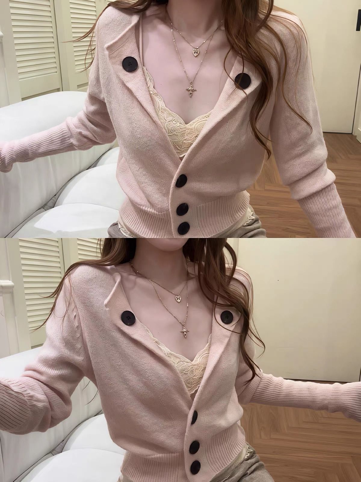 RY8748# 淡粉色修身翻领针织开衫早秋装女款2026新款外套高级感巨好看上衣