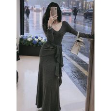 批发法式轻熟风早秋流行穿搭灰色休闲连衣裙女秋季修身<b class='q'>显瘦</b>气质长裙子