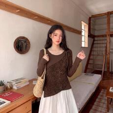 批发假两件长袖t恤女2026秋季新款不规则修身显瘦打底上衣