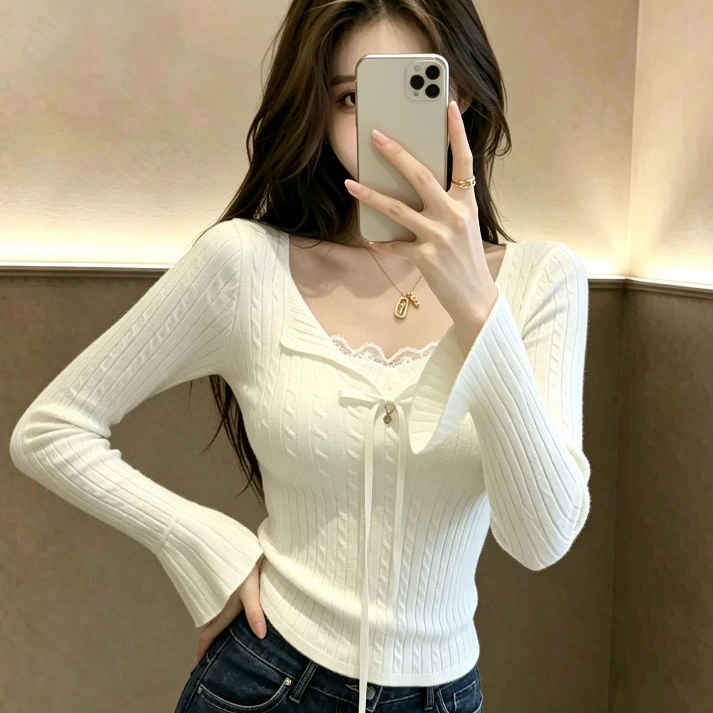 假两件拼接系带半开领毛针织衫女春季新款修身显瘦减龄短上衣 服裝批發女裝批發服飾貨源