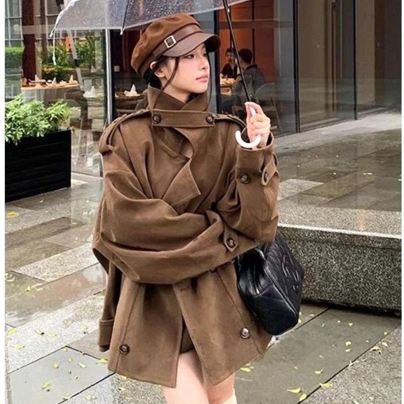 棕色设计感立领麂皮小个子外套女秋新款韩系复古宽松休闲大衣 服裝批發女裝批發服飾貨源