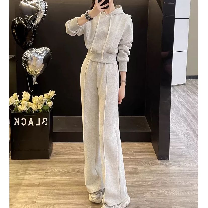 加绒加厚时尚休闲运动卫衣套装女冬季小个子连帽阔腿裤套装 服裝批發女裝批發服飾貨源