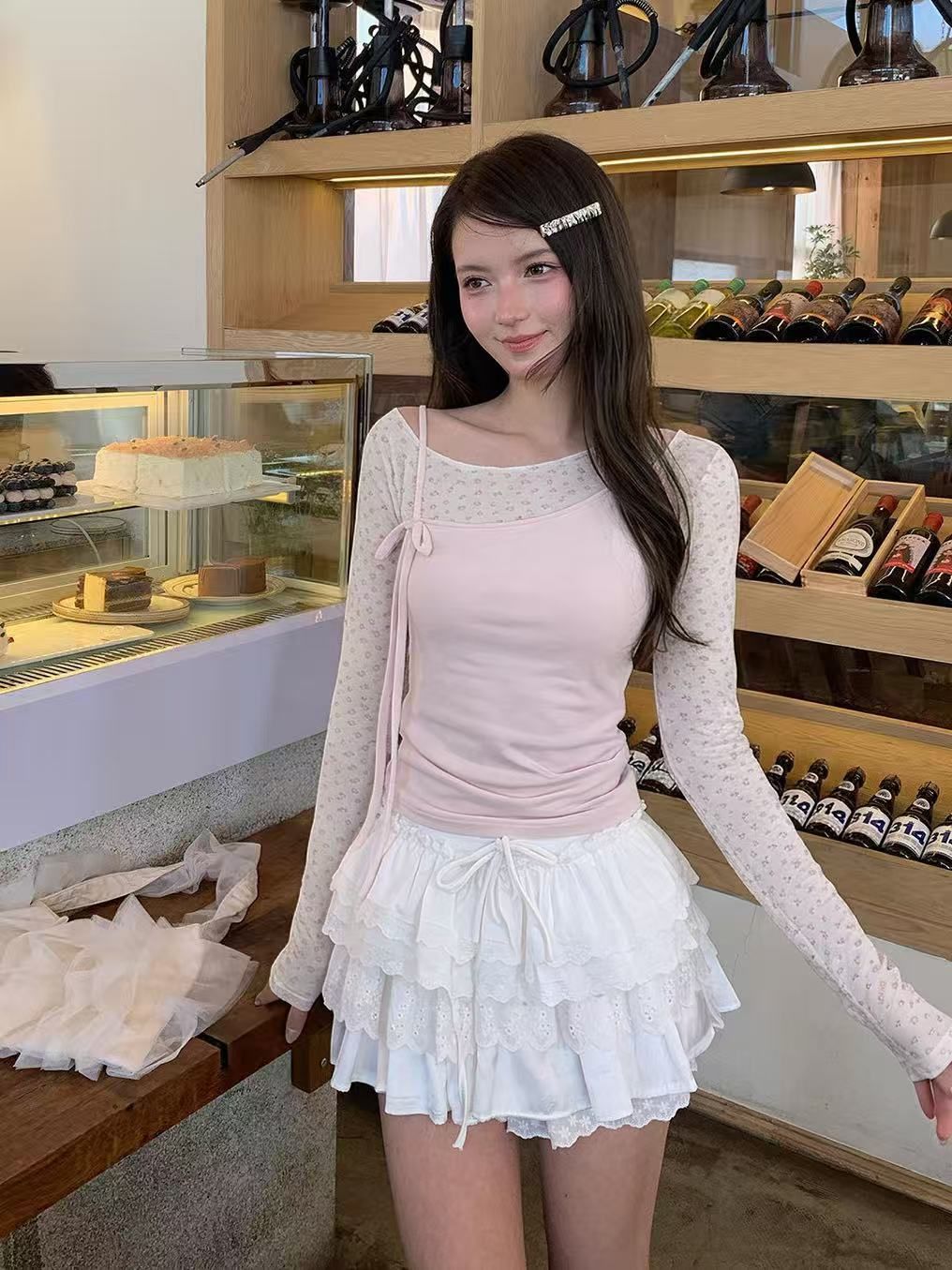 圆领假两件拼接长袖t恤女早秋修身打底衫 服裝批發女裝批發服飾貨源