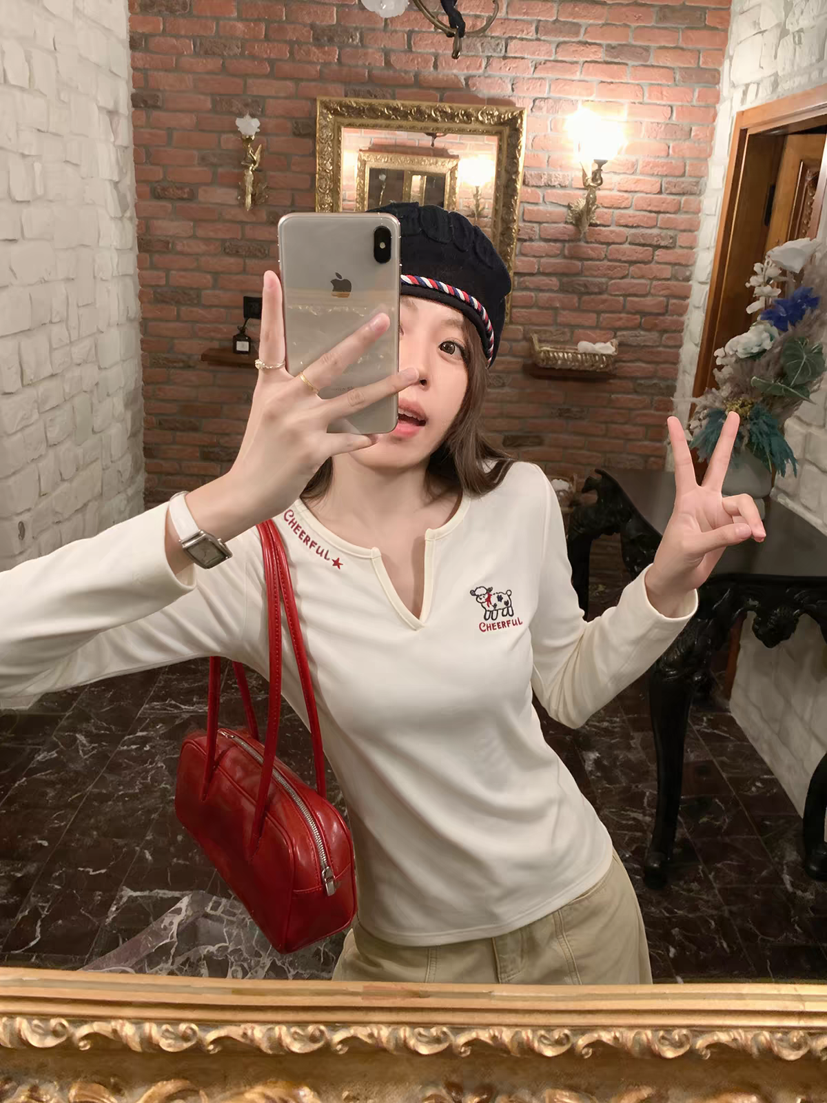 RY9537# 秋冬季韩版V领小众长袖T恤女