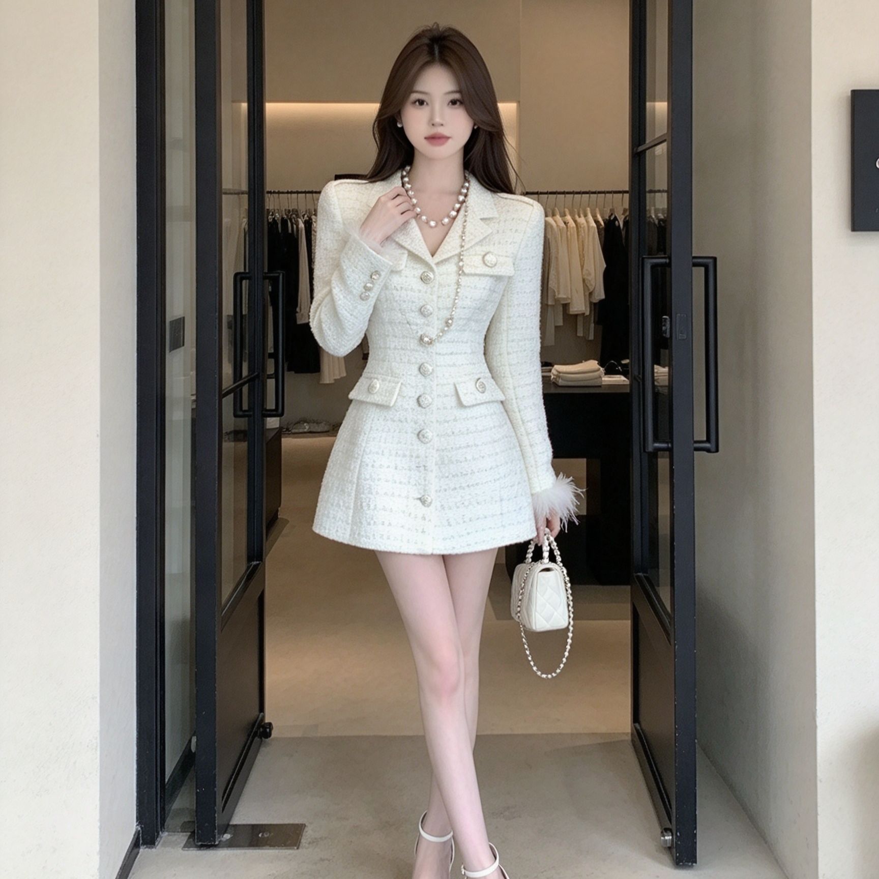 RY9535# 西装领连衣裙女粗花呢收腰显瘦短款 A裙高级感名媛气质约会通...