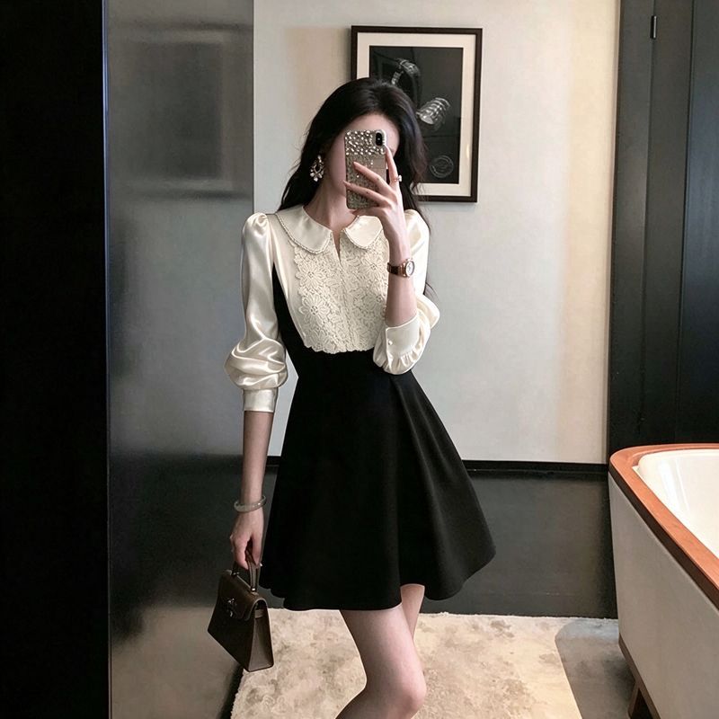 RY9528# 韩版富家千金甜酷小香风连衣裙女秋季新款高腰显瘦蓬蓬花苞短裙子