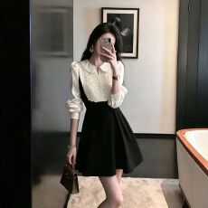 批发韩版富家千金甜酷小香风连衣裙女秋季新款<b class='q'>高腰</b>显瘦蓬蓬花苞短裙子