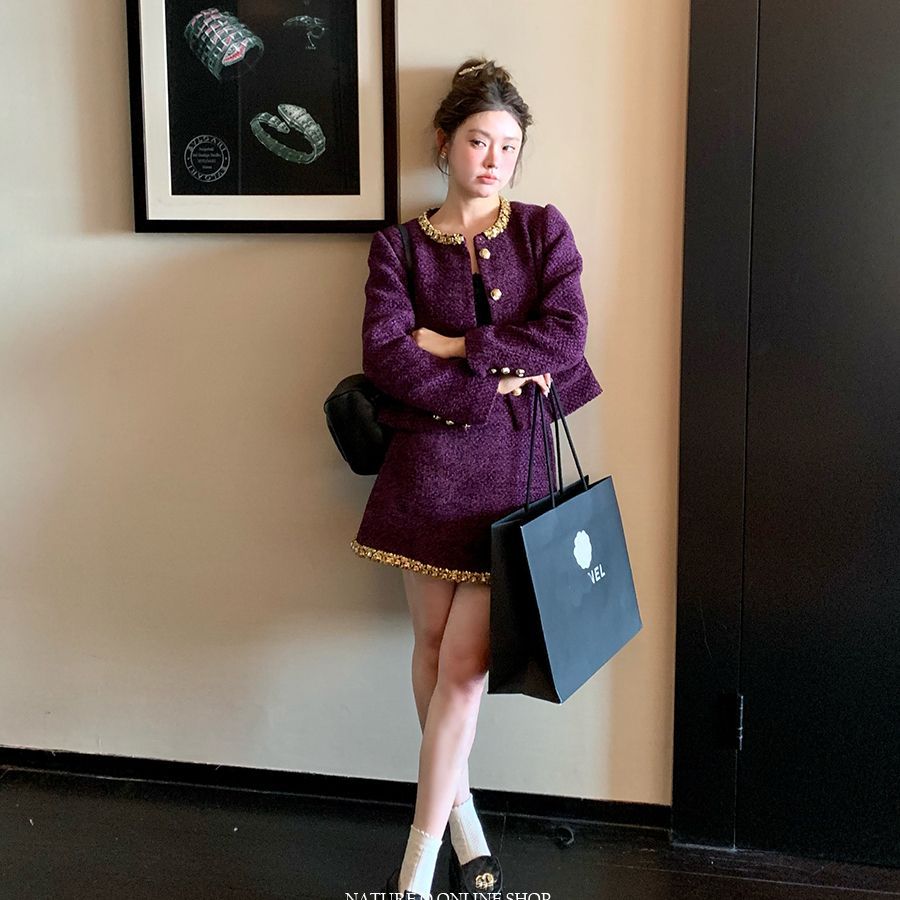 RY9527# 2026年秋富家千金紫色小香风套装裙女高级感短外套气质名媛两件套