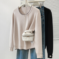 批发2025秋冬新款圆领螺纹长袖针织衫上衣大码<b class='q'>女装</b>微胖mm宽松内搭毛衣