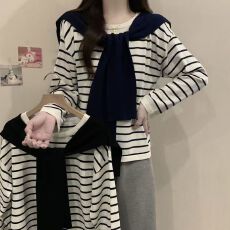 批发八分袖 齐码爆款 韩版条纹带披肩女2025春秋新款宽松休闲百搭长袖