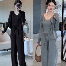 批发清<b class='q'>库存</b># 慵懒风糯米阔腿裤女开衫吊带春秋季新款高级感休闲运套装