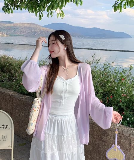 얇은 스타일 니트 스웨터 오픈 가디건 외부 가져 가라. 고급 센스 경기 치마 아이들 여름 중간 길이 자외선 차단 재킷 니트 맨위
