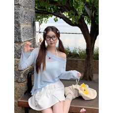 批发蓝色防晒罩衫女夏日ootd穿搭2026新款一字肩长袖t恤上衣