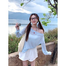 批发蓝色针织防晒罩衫女夏日ootd穿搭2026新款一字肩<b class='q'>长袖</b><b class='q'>t</b><b class='q'>恤</b>上衣