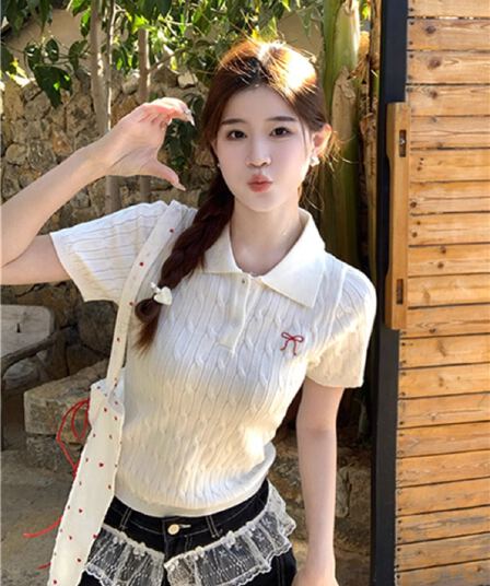 폴로 칼라 polo 니트 스웨터 여성용 짧은 소매 티셔츠 여름 ootd 착용 가져 가라. 자수 나비 매듭 고유 한 아름다운 작은 맨위