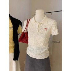 批发韩系POLO领短袖针织衫女夏季蝴蝶结刺绣修身正肩<b class='q'>t</b>恤甜辣短款上衣